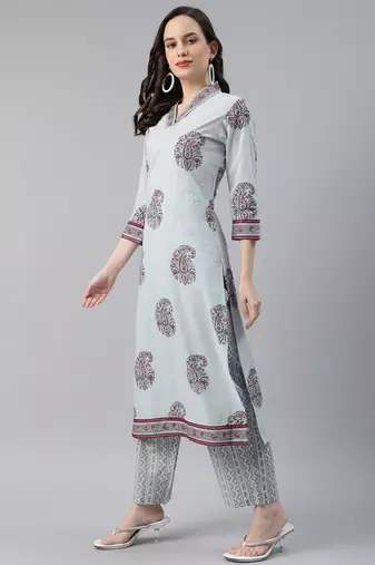 grey color printed pure cotton styles kurta trouser with dupatta