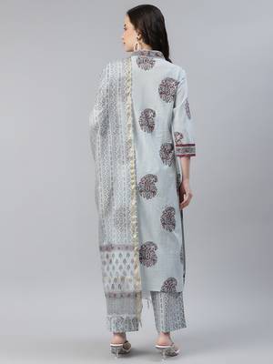 grey color printed pure cotton styles kurta trouser with dupatta 4