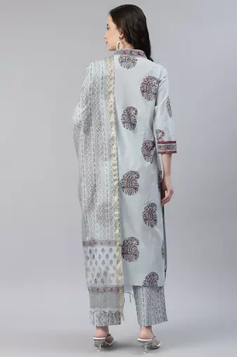 grey color printed pure cotton styles kurta trouser with dupatta