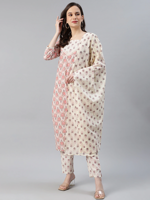 off white color printed pure cotton styles kurta trouser with dupatta 1