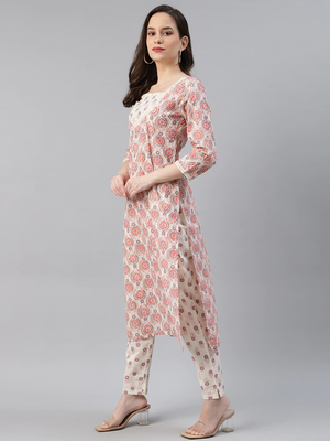 off white color printed pure cotton styles kurta trouser with dupatta 3