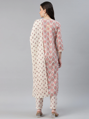 off white color printed pure cotton styles kurta trouser with dupatta 4