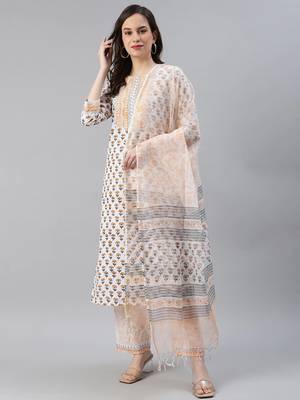 white color printed pure cotton styles kurta trouser with dupatta 1
