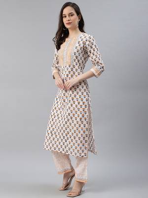 white color printed pure cotton styles kurta trouser with dupatta 3