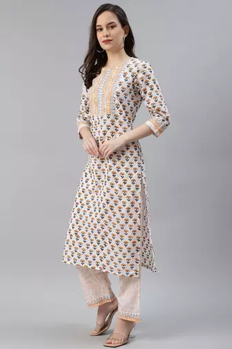 white color printed pure cotton styles kurta trouser with dupatta
