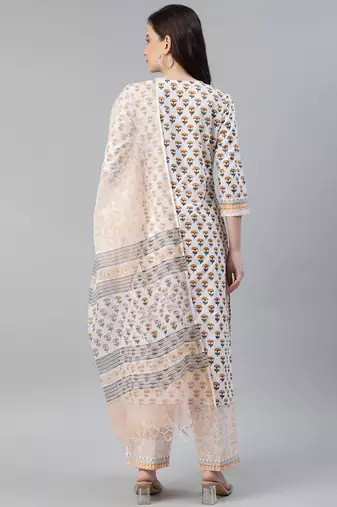 white color printed pure cotton styles kurta trouser with dupatta