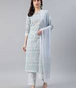blue color printed pure cotton styles kurta trouser with dupatta