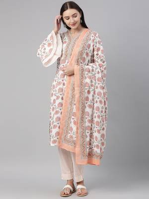 off white color printed pure cotton styles kurta trouser with dupatta 1