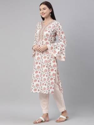 off white color printed pure cotton styles kurta trouser with dupatta 3