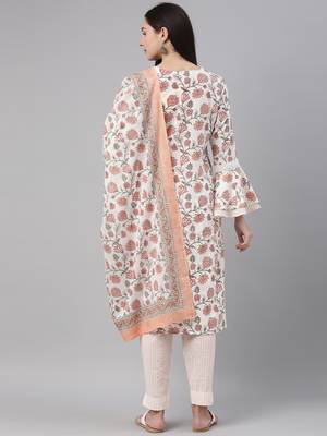 off white color printed pure cotton styles kurta trouser with dupatta 4