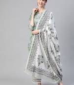 green color printed pure cotton styles kurta trouser with dupatta
