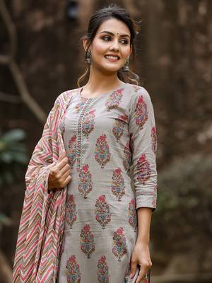 grey color printed rayon blend styles kurta trouser with dupatta 1