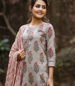 grey color printed rayon blend styles kurta trouser with dupatta