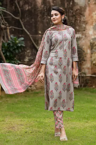 grey color printed rayon blend styles kurta trouser with dupatta