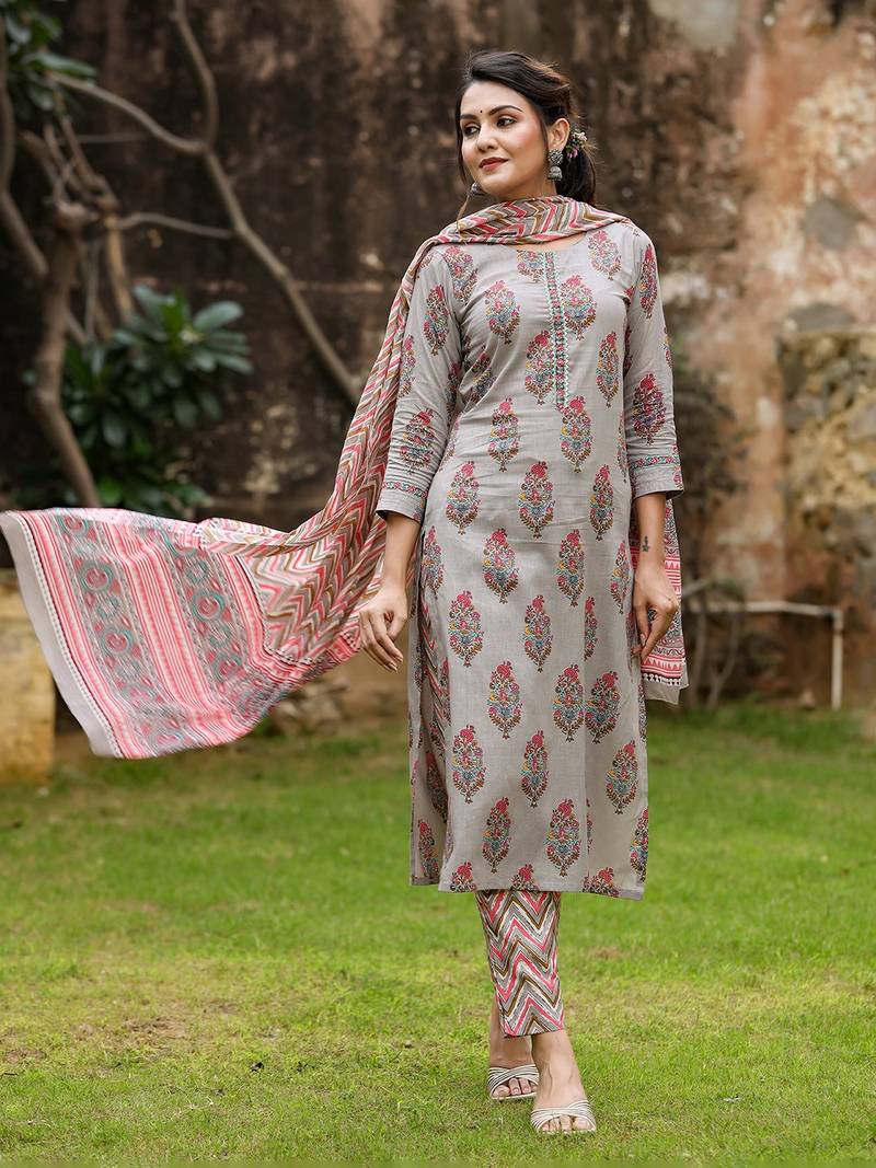 grey color printed rayon blend styles kurta trouser with dupatta