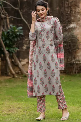 grey color printed rayon blend styles kurta trouser with dupatta