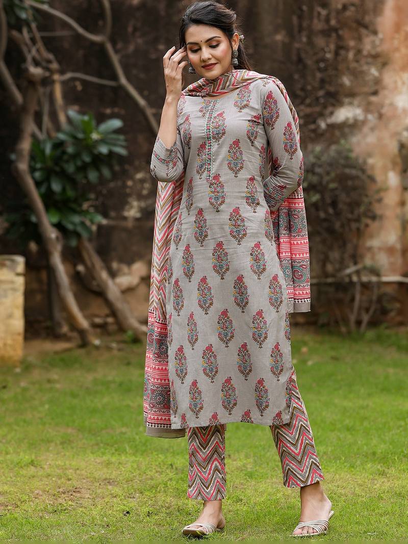 grey color printed rayon blend styles kurta trouser with dupatta