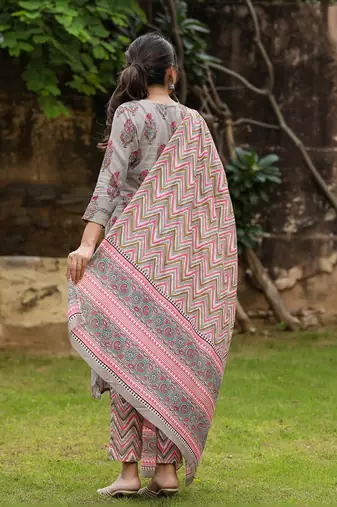 grey color printed rayon blend styles kurta trouser with dupatta