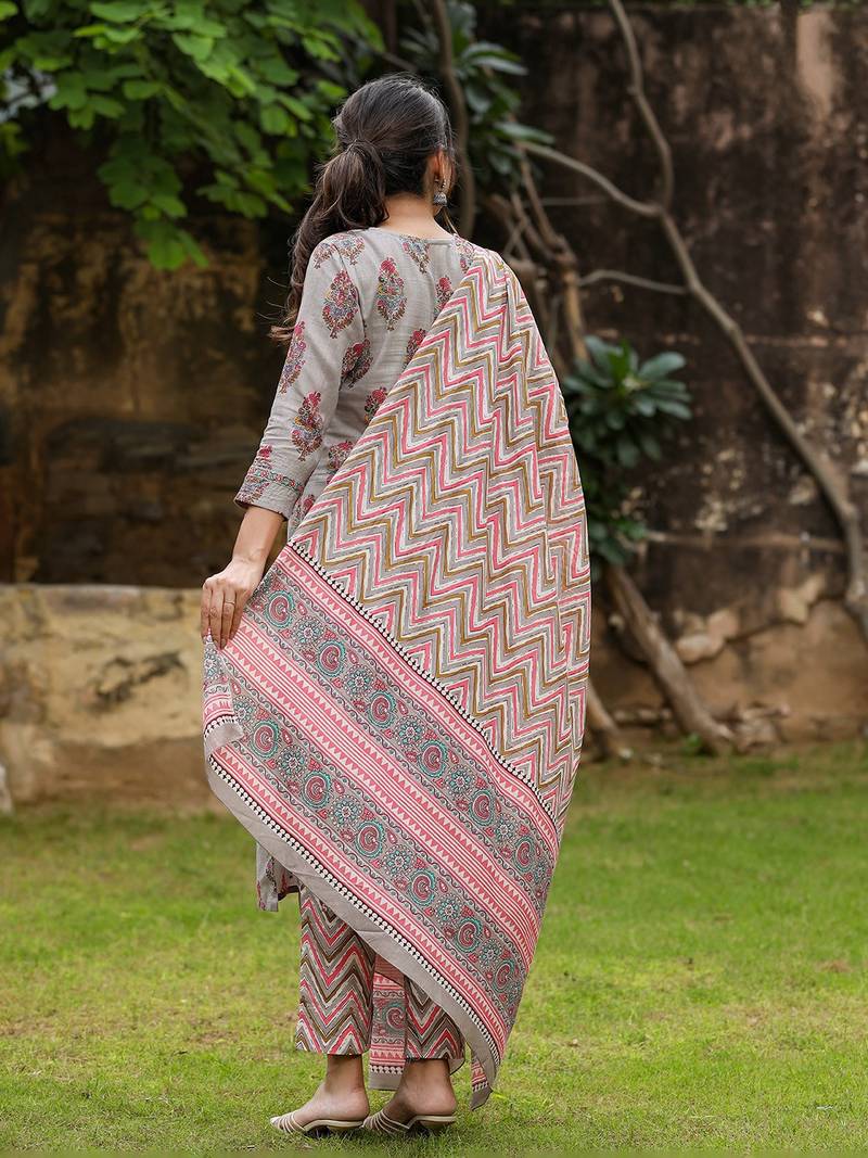 grey color printed rayon blend styles kurta trouser with dupatta