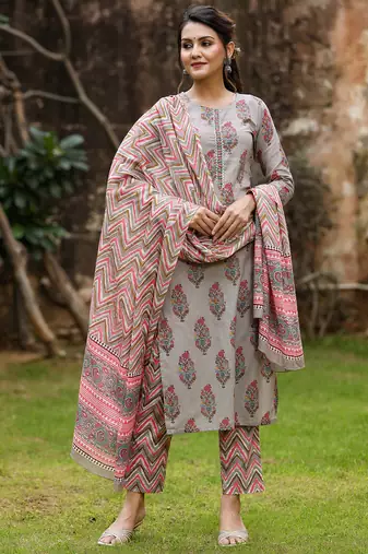 grey color printed rayon blend styles kurta trouser with dupatta