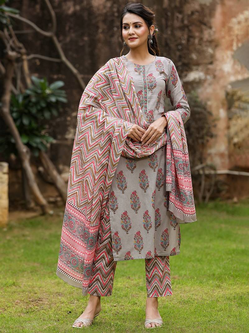 grey color printed rayon blend styles kurta trouser with dupatta