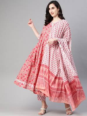 pink color printed pure cotton styles kurta trouser with dupatta 1