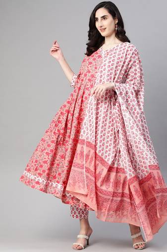 pink color printed pure cotton styles kurta trouser with dupatta