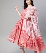 pink color printed pure cotton styles kurta trouser with dupatta