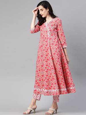 pink color printed pure cotton styles kurta trouser with dupatta 3