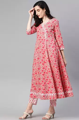pink color printed pure cotton styles kurta trouser with dupatta