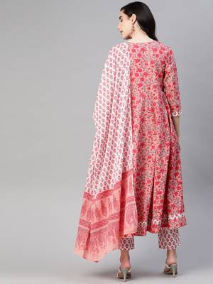 pink color printed pure cotton styles kurta trouser with dupatta 4