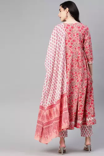 pink color printed pure cotton styles kurta trouser with dupatta