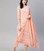 peach color printed pure cotton styles kurta trouser with dupatta