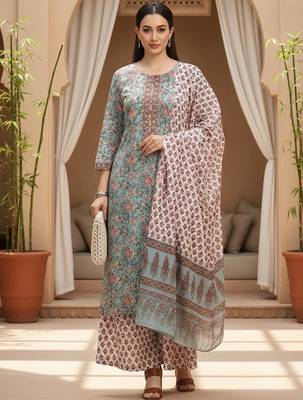 blue color printed pure cotton styles kurta palazzo with dupatta 1