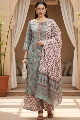 blue color printed pure cotton styles kurta palazzo with dupatta