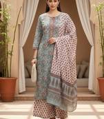 blue color printed pure cotton styles kurta palazzo with dupatta