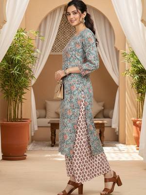 blue color printed pure cotton styles kurta palazzo with dupatta 3