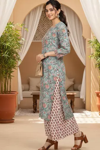 blue color printed pure cotton styles kurta palazzo with dupatta