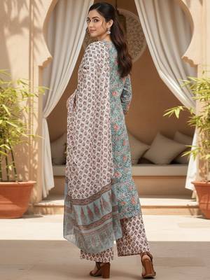blue color printed pure cotton styles kurta palazzo with dupatta 4