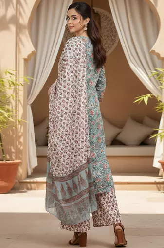 blue color printed pure cotton styles kurta palazzo with dupatta