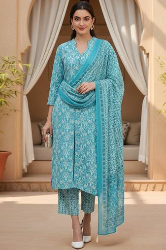 blue color printed pure cotton styles kurta trouser with dupatta