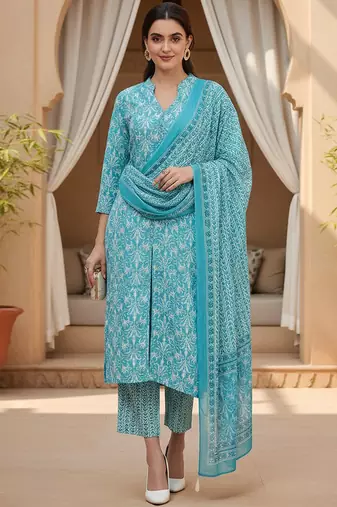 blue color printed pure cotton styles kurta trouser with dupatta