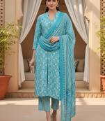 blue color printed pure cotton styles kurta trouser with dupatta