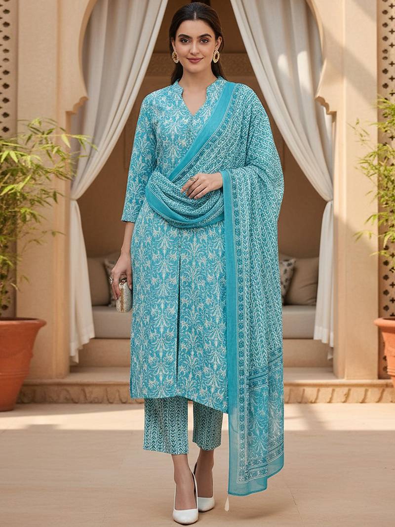blue color printed pure cotton styles kurta trouser with dupatta