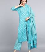 blue color printed pure cotton styles kurta trouser with dupatta