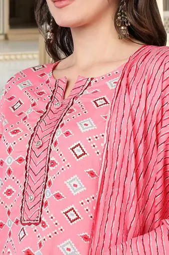 pink color printed pure cotton styles kurta trouser with dupatta