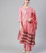 pink color printed pure cotton styles kurta trouser with dupatta