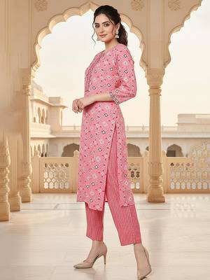 pink color printed pure cotton styles kurta trouser with dupatta 2