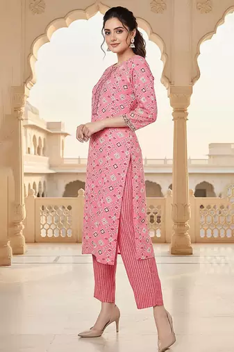 pink color printed pure cotton styles kurta trouser with dupatta