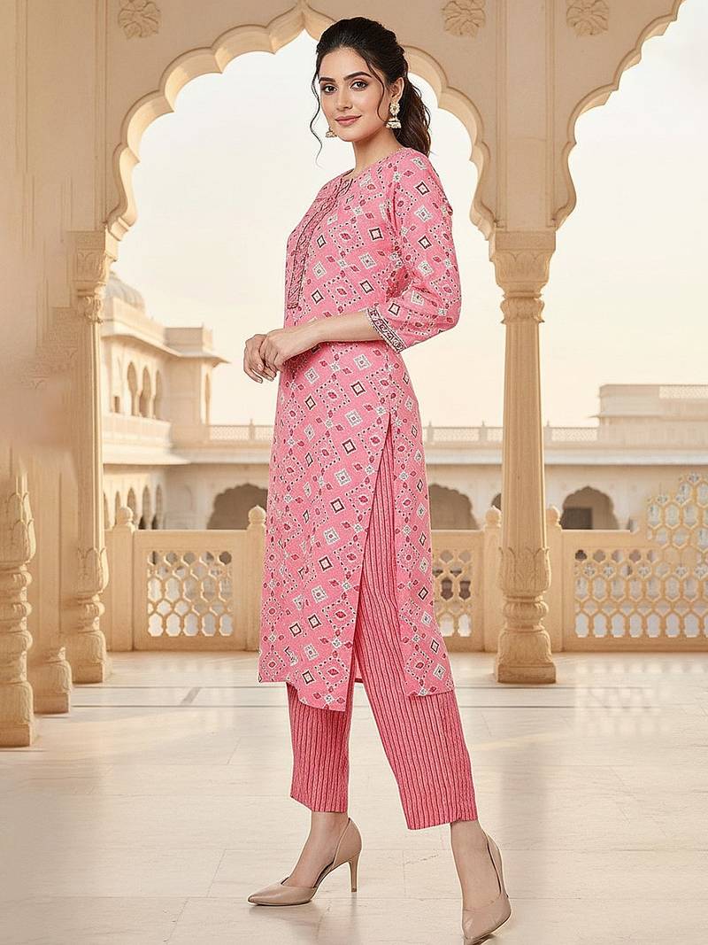pink color printed pure cotton styles kurta trouser with dupatta